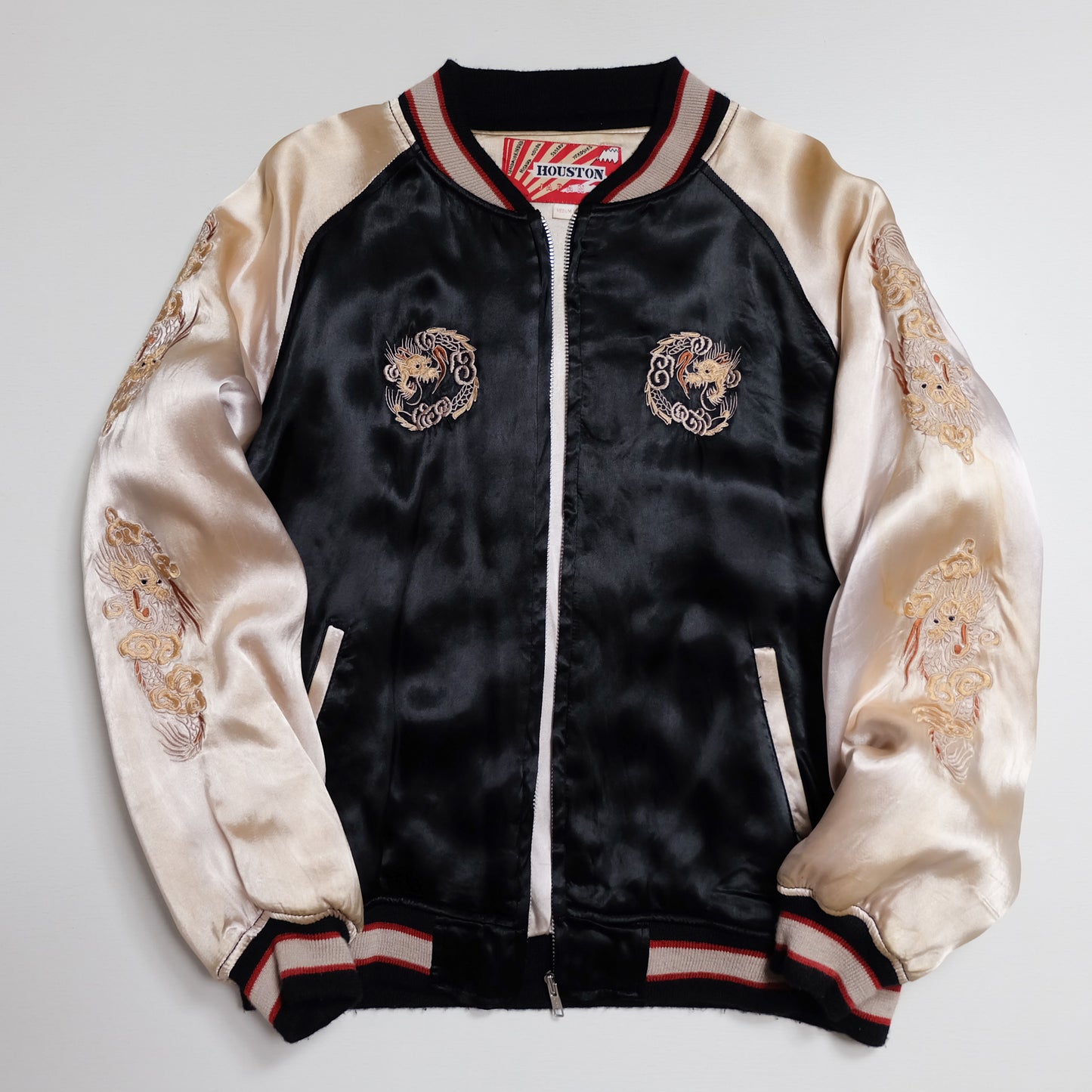HOUSTON Japan U.S. Paratroopers 188 PIR 11th Airborne Sendai Dragon Sukajan Souvenir Jacket | Black Ivory Satin | Size M