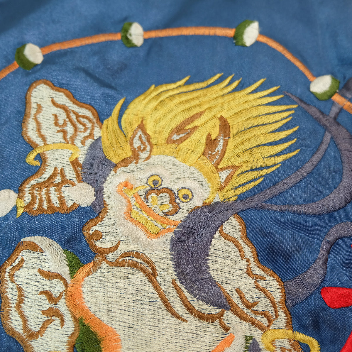 Vintage Jungle Storm Raijin Sukajan Jacket Blue Satin Thunder God Embroidered Japanese Yokosuka Bomber Free Size M-L