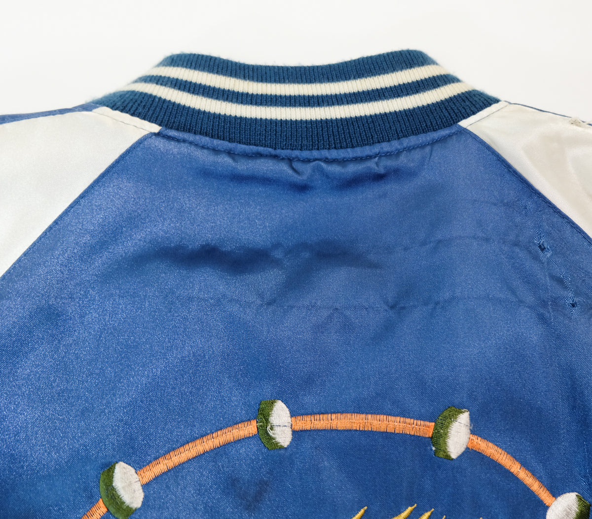 Vintage Jungle Storm Raijin Sukajan Jacket Blue Satin Thunder God Embroidered Japanese Yokosuka Bomber Free Size M-L