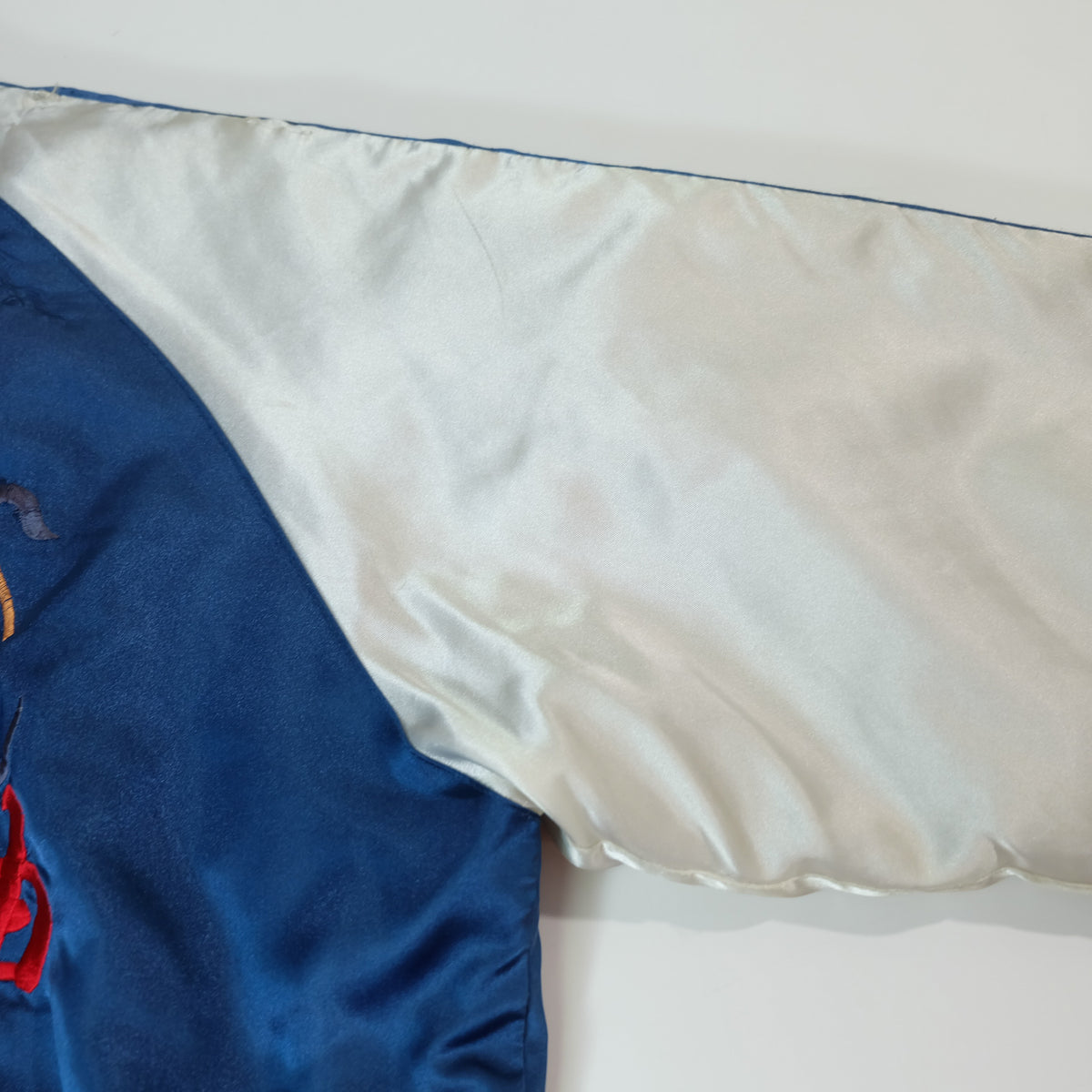 Vintage Jungle Storm Raijin Sukajan Jacket Blue Satin Thunder God Embroidered Japanese Yokosuka Bomber Free Size M-L