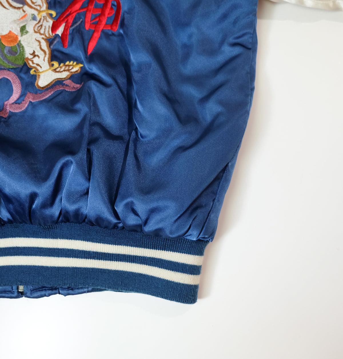 Vintage Jungle Storm Raijin Sukajan Jacket Blue Satin Thunder God Embroidered Japanese Yokosuka Bomber Free Size M-L