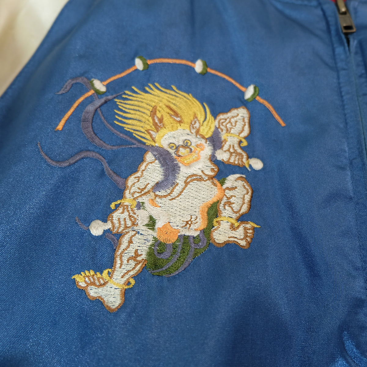 Vintage Jungle Storm Raijin Sukajan Jacket Blue Satin Thunder God Embroidered Japanese Yokosuka Bomber Free Size M-L