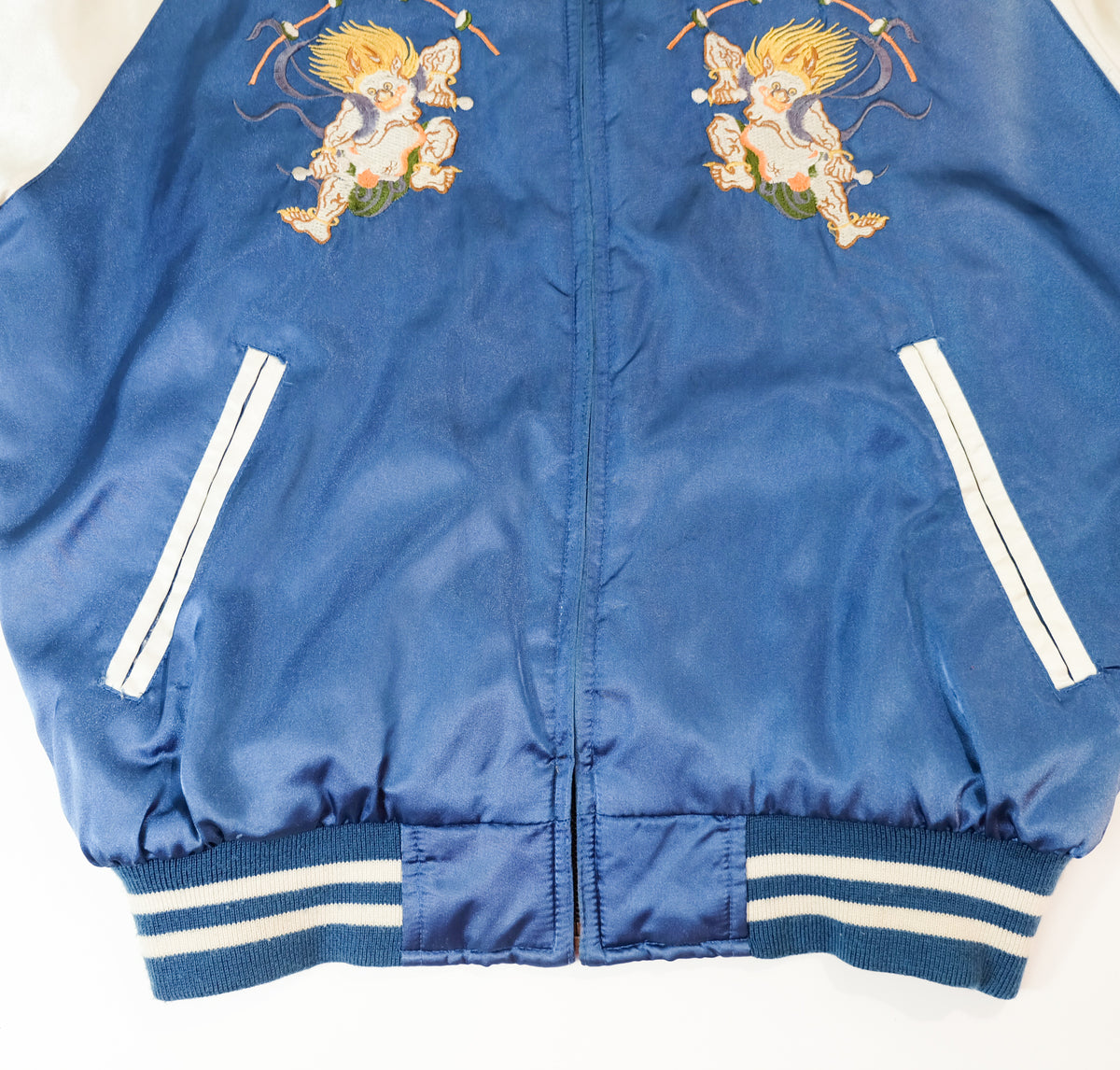 Vintage Jungle Storm Raijin Sukajan Jacket Blue Satin Thunder God Embroidered Japanese Yokosuka Bomber Free Size M-L
