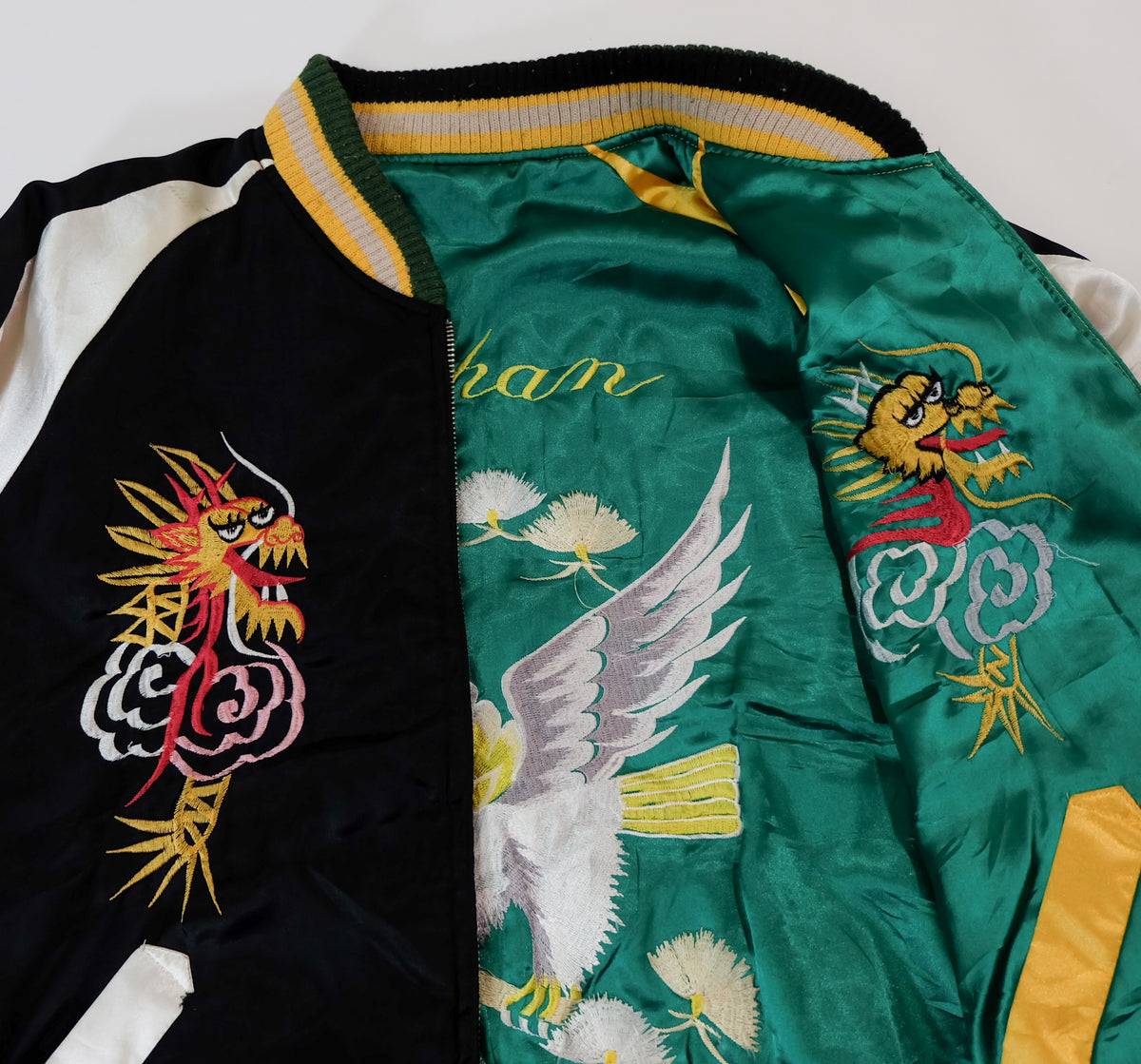 Chaqueta Sukajan reversible vintage, águila de Japón y pino matsu con bordados de dragón y tigre, negro / esmeralda, talla L