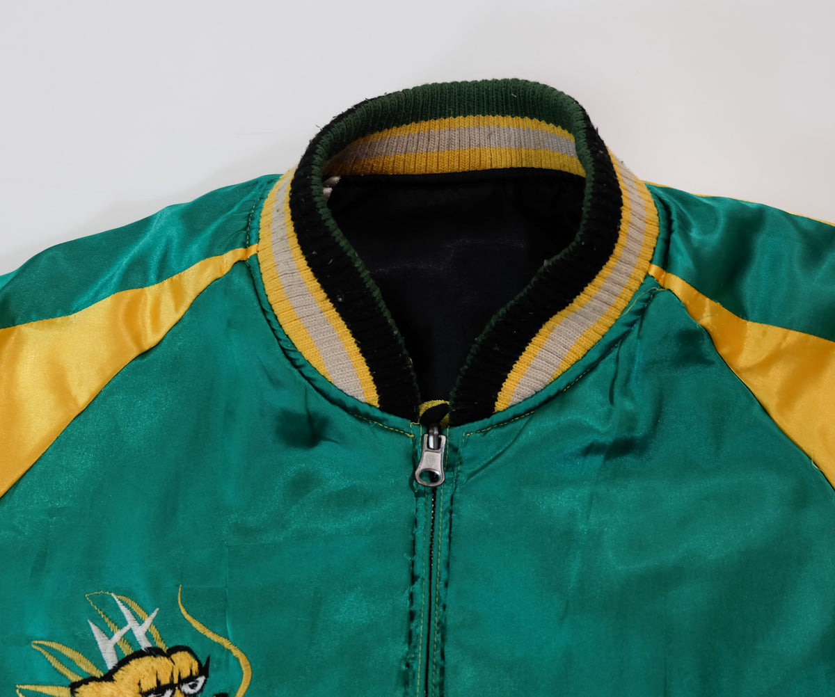 Chaqueta Sukajan reversible vintage, águila de Japón y pino matsu con bordados de dragón y tigre, negro / esmeralda, talla L