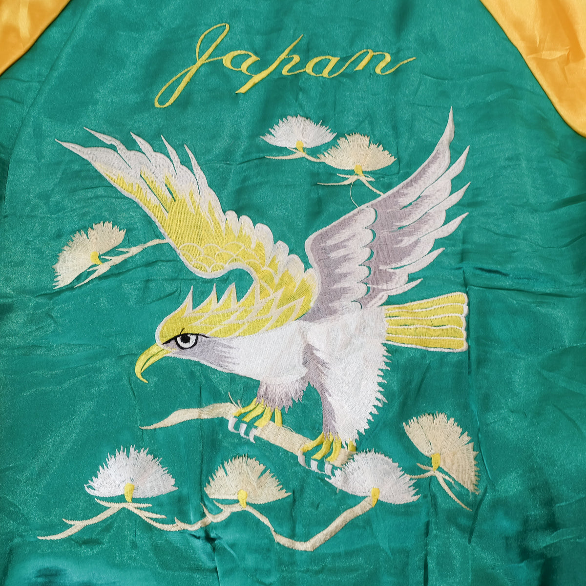 Chaqueta Sukajan reversible vintage, águila de Japón y pino matsu con bordados de dragón y tigre, negro / esmeralda, talla L
