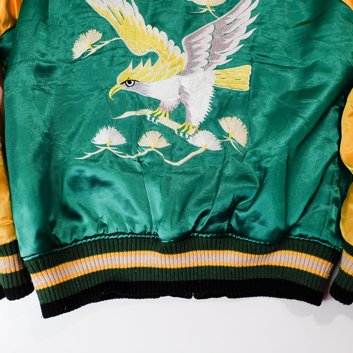 Chaqueta Sukajan reversible vintage, águila de Japón y pino matsu con bordados de dragón y tigre, negro / esmeralda, talla L