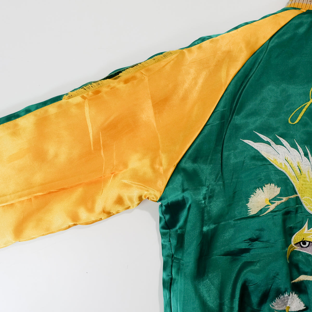 Chaqueta Sukajan reversible vintage, águila de Japón y pino matsu con bordados de dragón y tigre, negro / esmeralda, talla L