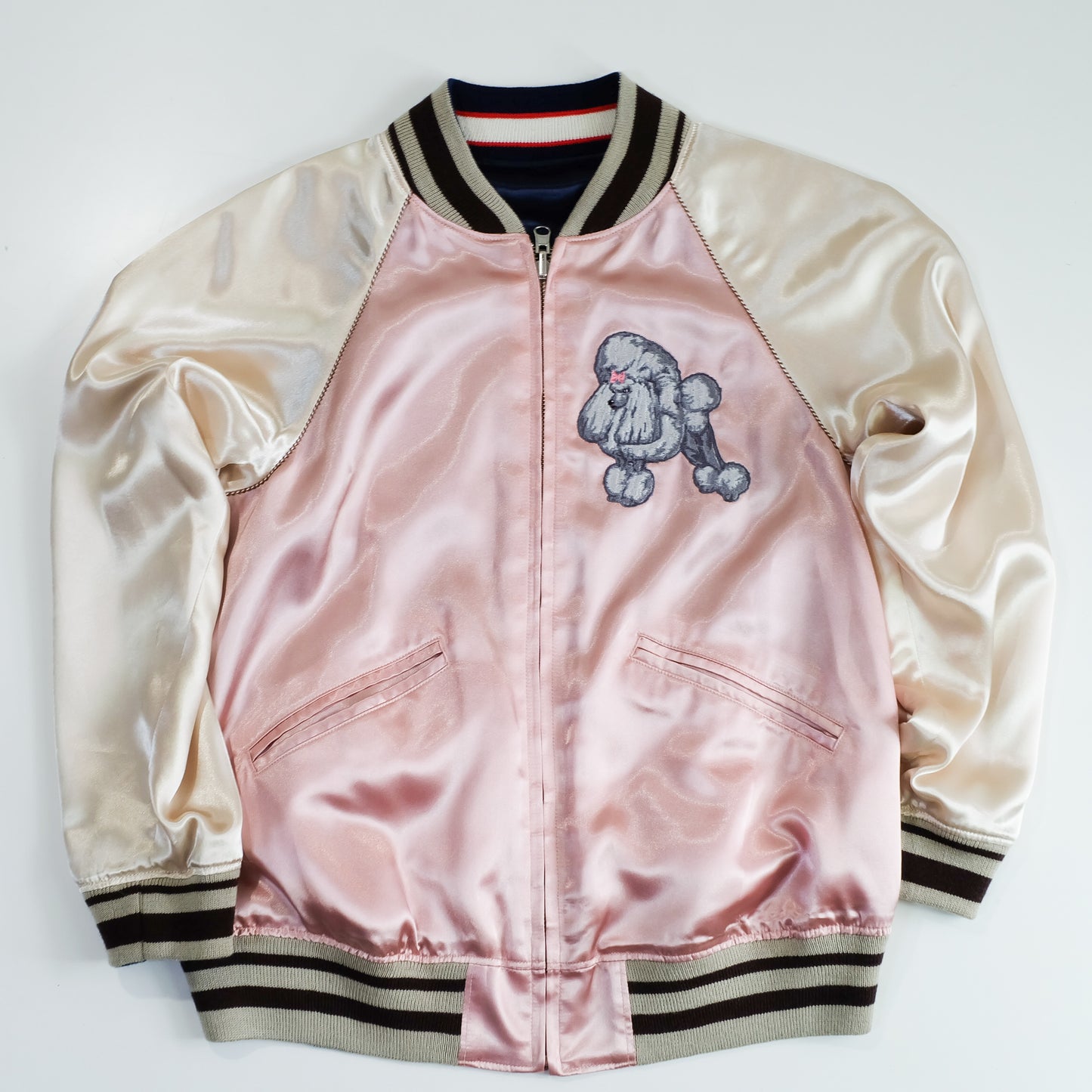 KAWAII Chic Cute Vintage Sukajan Souvenir Jacket France Moulin Rouge Poodle Embroidery Pink Satin Reversible Bomber Japan Souvenir Style S