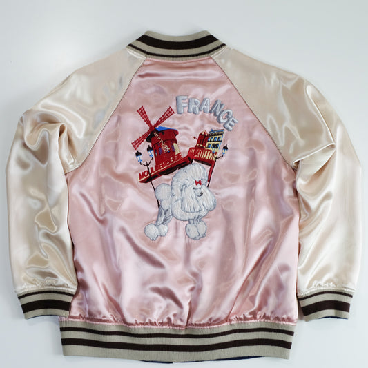 KAWAII Chic Cute Vintage Sukajan Souvenir Jacket France Moulin Rouge Poodle Embroidery Pink Satin Reversible Bomber Japan Souvenir Style S