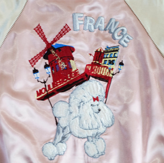 KAWAII Chic Cute Vintage Sukajan Souvenir Jacket France Moulin Rouge Poodle Embroidery Pink Satin Reversible Bomber Japan Souvenir Style S
