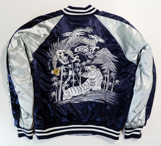 Vintage First Shop Yamamoto Dragon & Tiger Sukajan Jacket Japan Embroidered Navy Silver Satin Size L