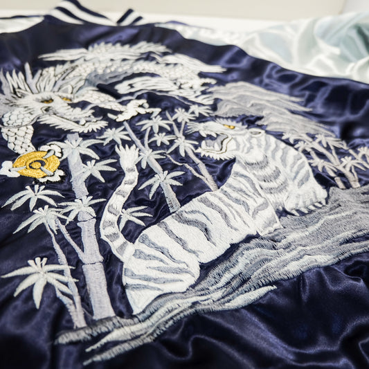 Vintage First Shop Yamamoto Dragon & Tiger Sukajan Jacket Japan Embroidered Navy Silver Satin Size L