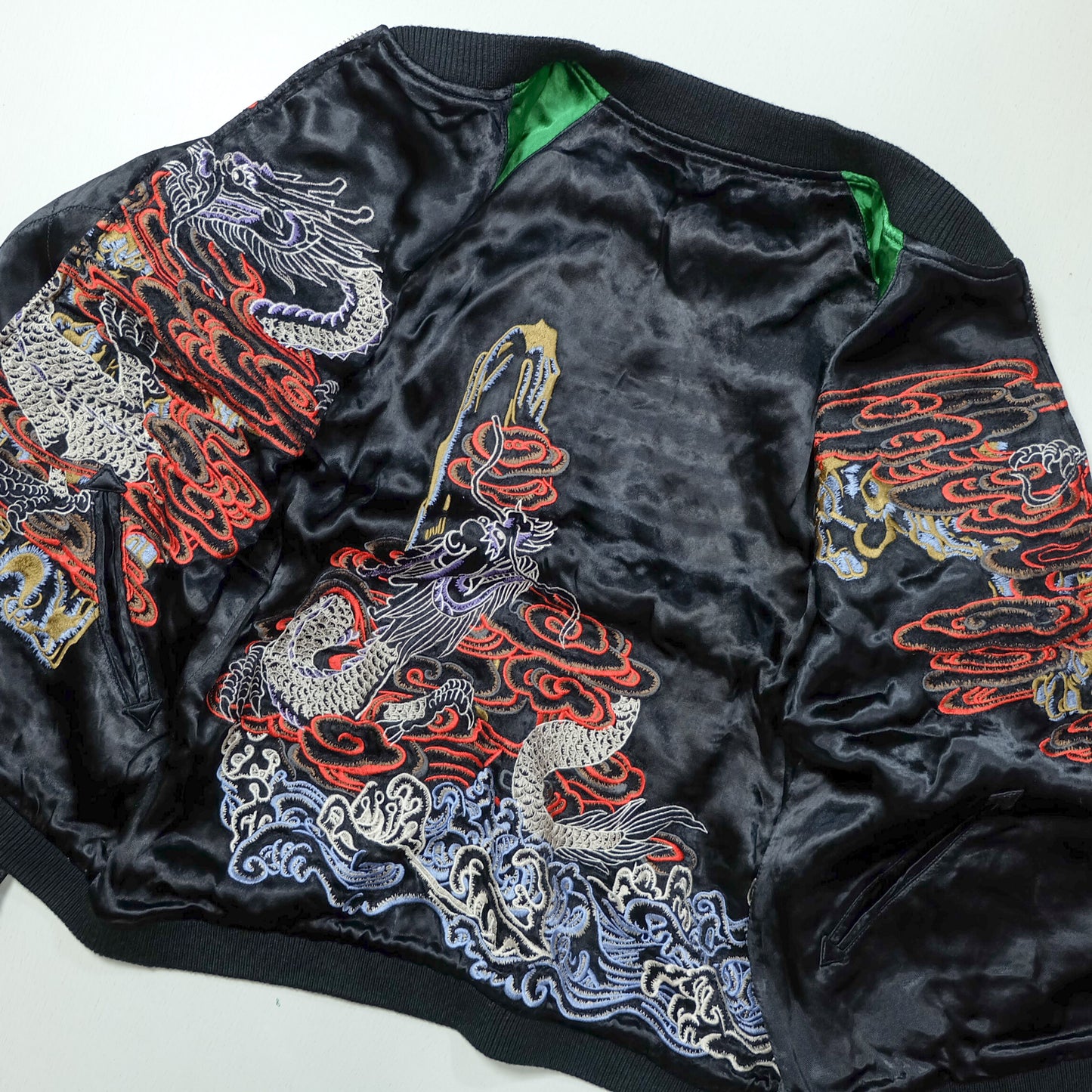 GASBAG Punk Rock Vintage Japanese Japan Skeleton Fish Dragon Nihongo Green Embroidered Yokosuka Jumper Bomber Sukajan Souvenir Jacket M