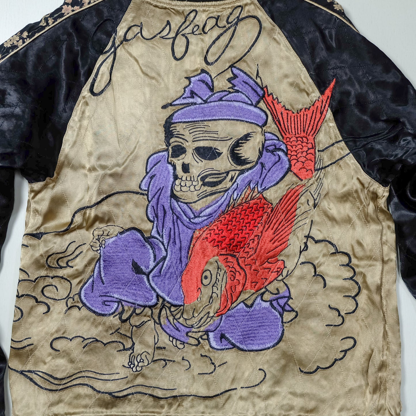 GASBAG Punk Rock Vintage Japanese Japan Skeleton Fish Dragon Nihongo Green Embroidered Yokosuka Jumper Bomber Sukajan Souvenir Jacket M