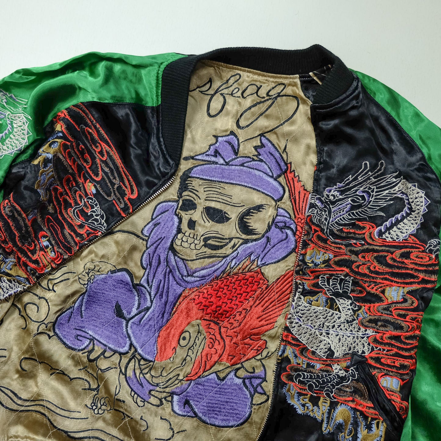 GASBAG Punk Rock Vintage Japanese Japan Skeleton Fish Dragon Nihongo Green Embroidered Yokosuka Jumper Bomber Sukajan Souvenir Jacket M