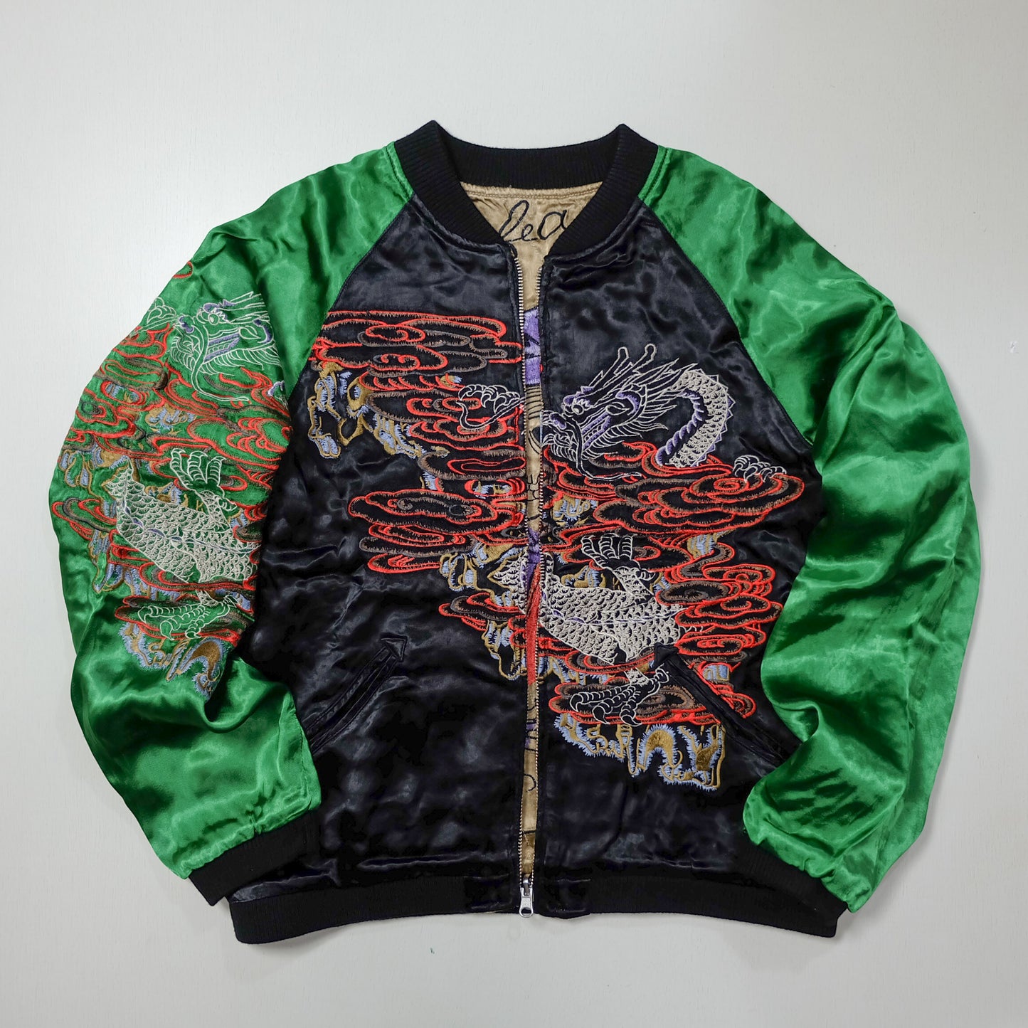 GASBAG Punk Rock Vintage Japanese Japan Skeleton Fish Dragon Nihongo Green Embroidered Yokosuka Jumper Bomber Sukajan Souvenir Jacket M