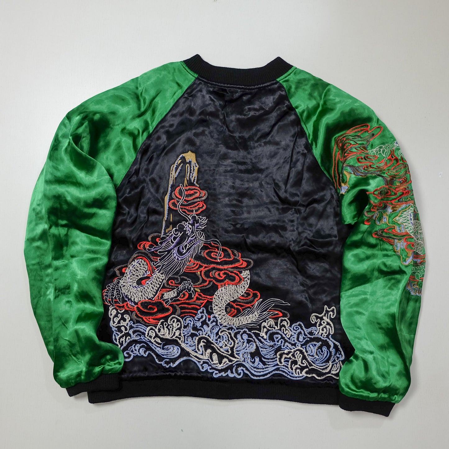 GASBAG Punk Rock Vintage Japanese Japan Skeleton Fish Dragon Nihongo Green Embroidered Yokosuka Jumper Bomber Sukajan Souvenir Jacket M