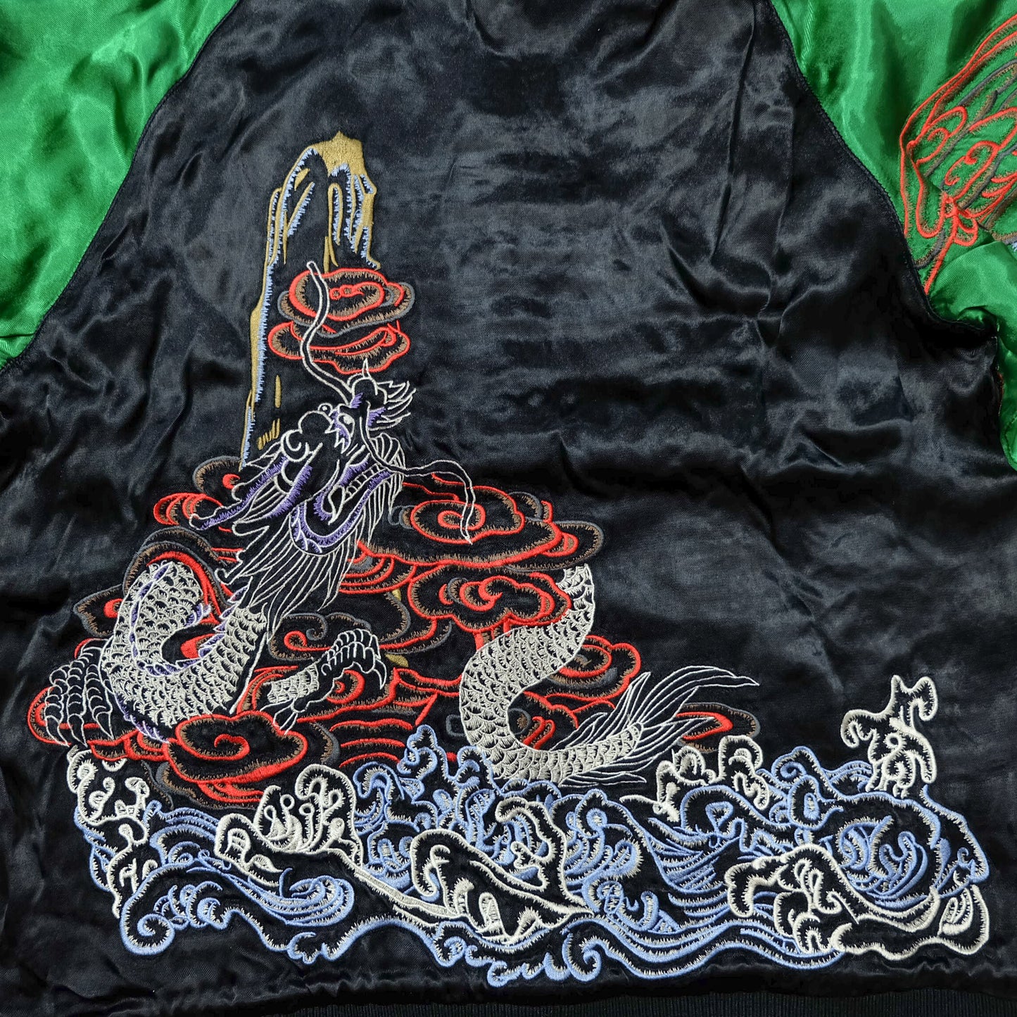 GASBAG Punk Rock Vintage Japanese Japan Skeleton Fish Dragon Nihongo Green Embroidered Yokosuka Jumper Bomber Sukajan Souvenir Jacket M