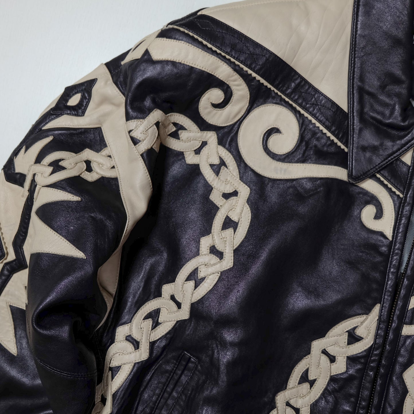 Vintage Marc Buchanan Pelle Pelle Leather Jacket Size 38 Black Cream Chain Sword Hip Hop Bomber 90s Oversized Blouson