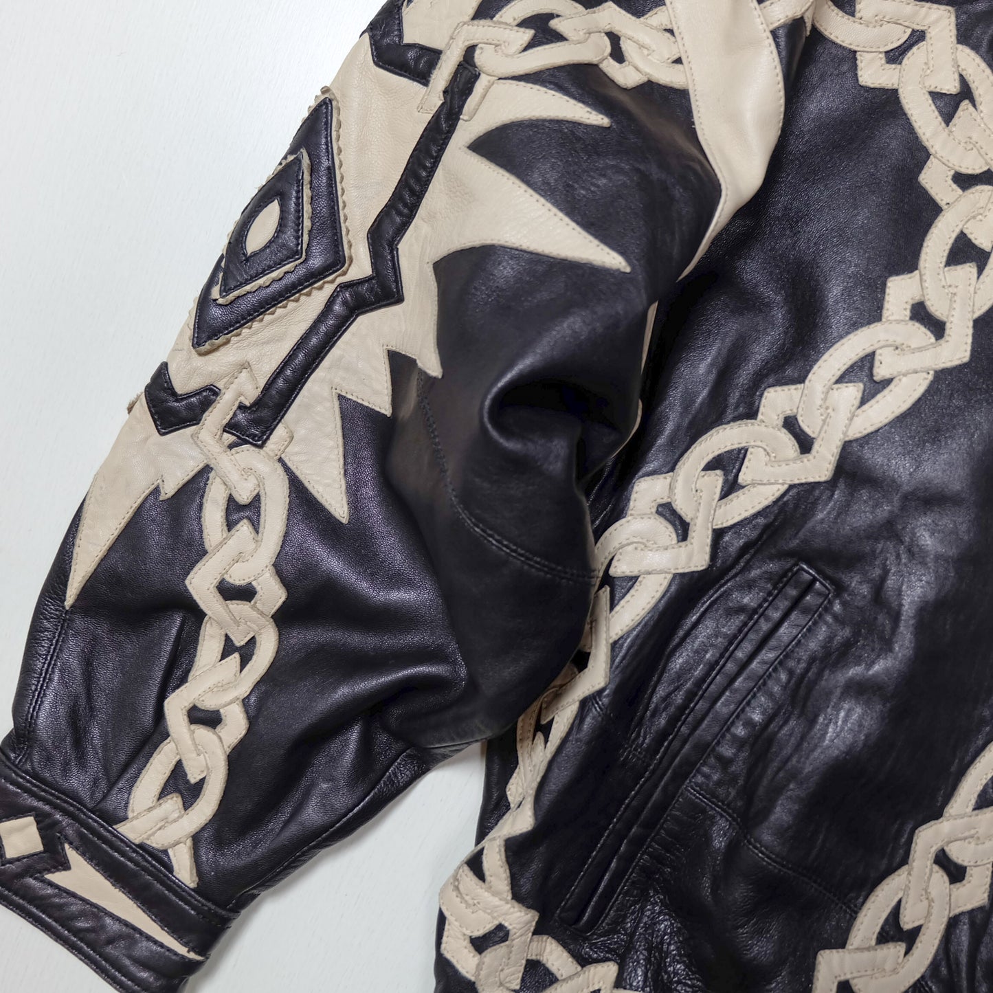 Vintage Marc Buchanan Pelle Pelle Leather Jacket Size 38 Black Cream Chain Sword Hip Hop Bomber 90s Oversized Blouson