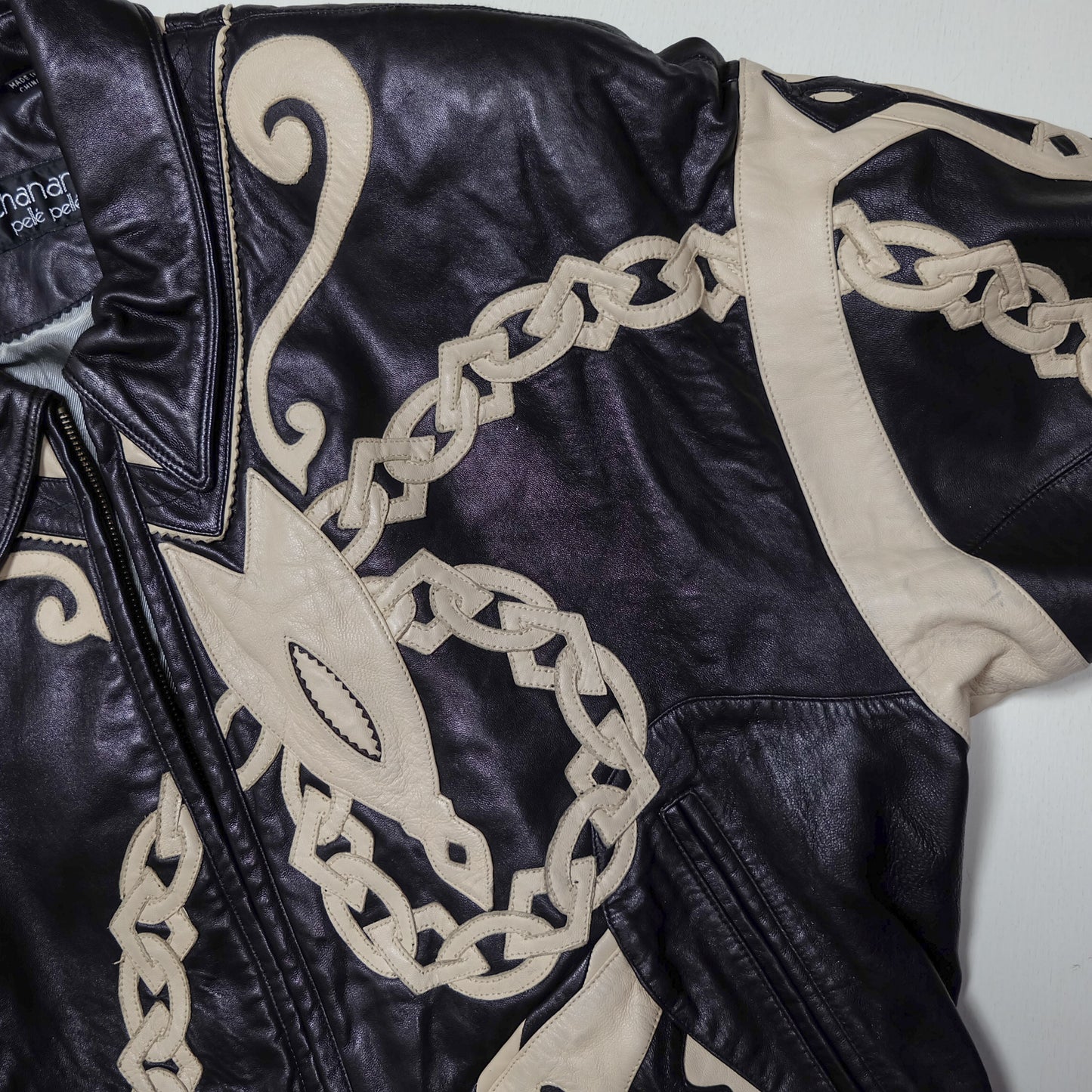 Vintage Marc Buchanan Pelle Pelle Leather Jacket Size 38 Black Cream Chain Sword Hip Hop Bomber 90s Oversized Blouson