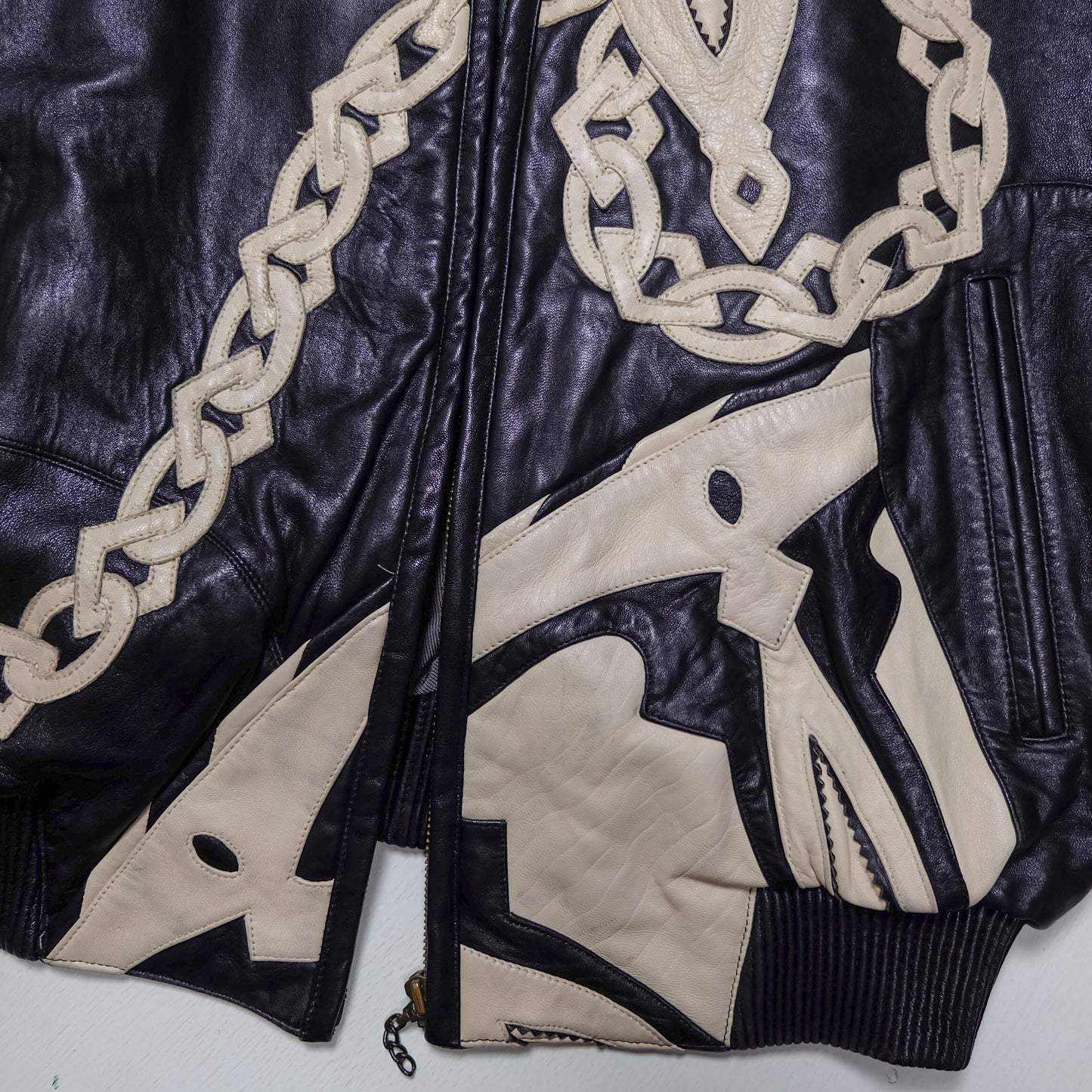 Vintage Marc Buchanan Pelle Pelle Leather Jacket Size 38 Black Cream Chain Sword Hip Hop Bomber 90s Oversized Blouson