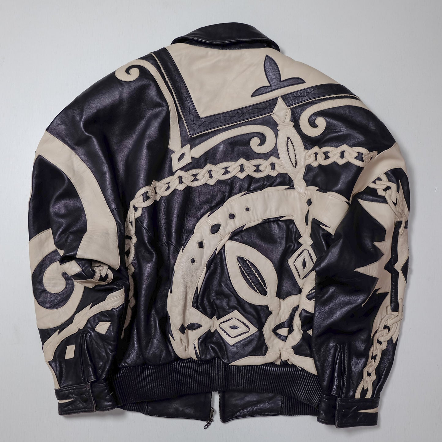 Vintage Marc Buchanan Pelle Pelle Leather Jacket Size 38 Black Cream Chain Sword Hip Hop Bomber 90s Oversized Blouson