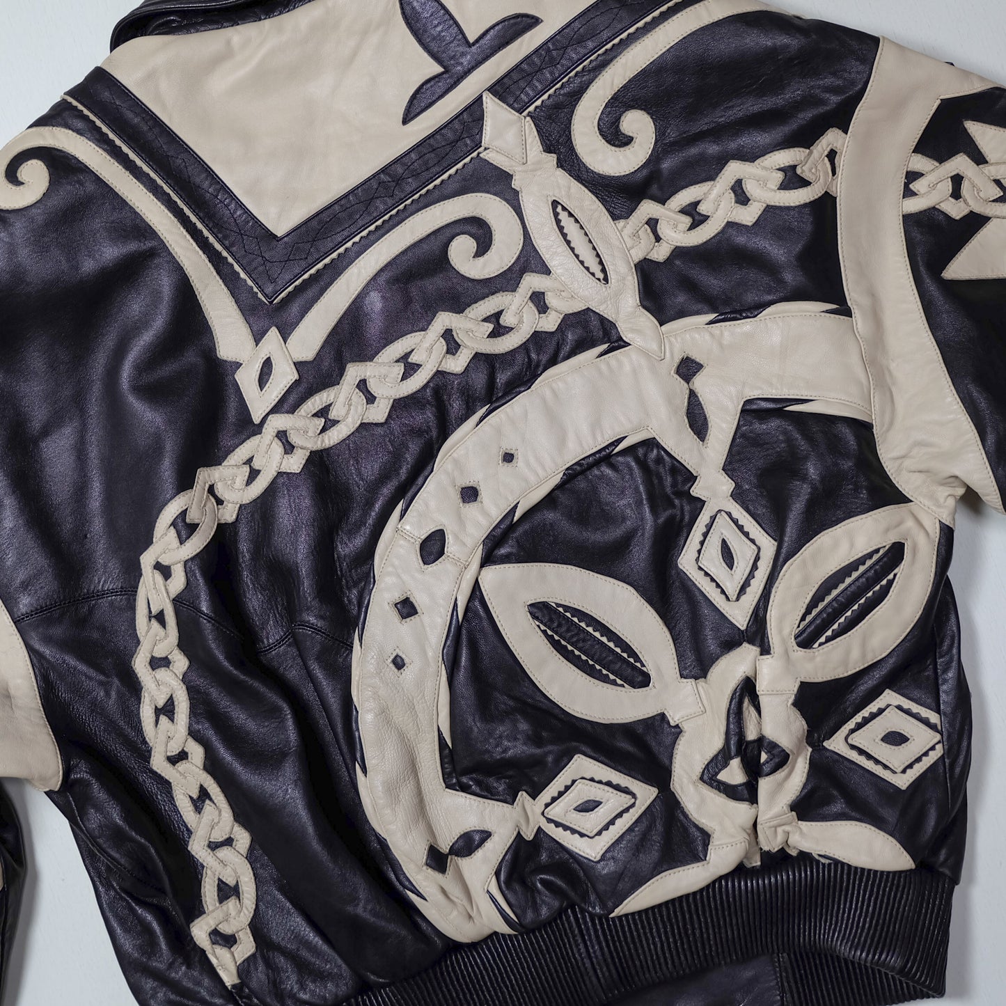 Vintage Marc Buchanan Pelle Pelle Leather Jacket Size 38 Black Cream Chain Sword Hip Hop Bomber 90s Oversized Blouson