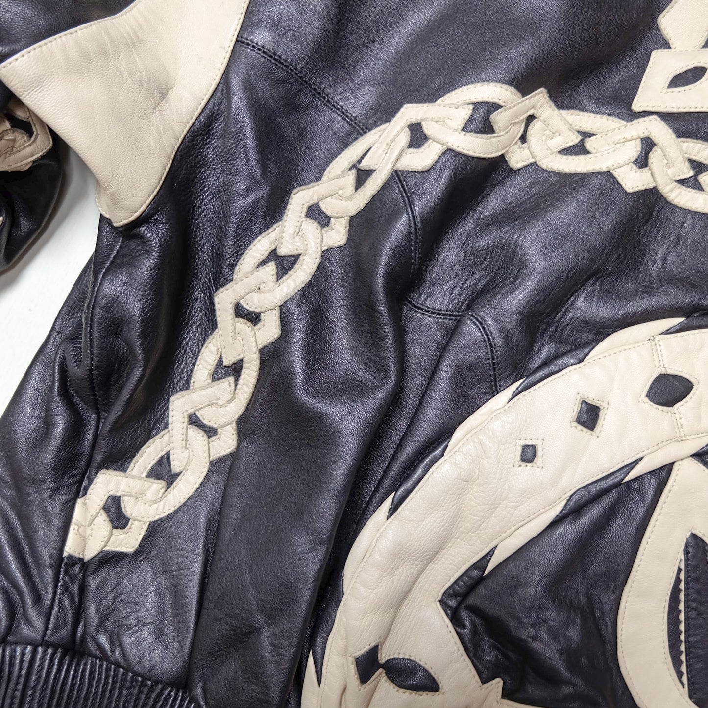 Vintage Marc Buchanan Pelle Pelle Leather Jacket Size 38 Black Cream Chain Sword Hip Hop Bomber 90s Oversized Blouson