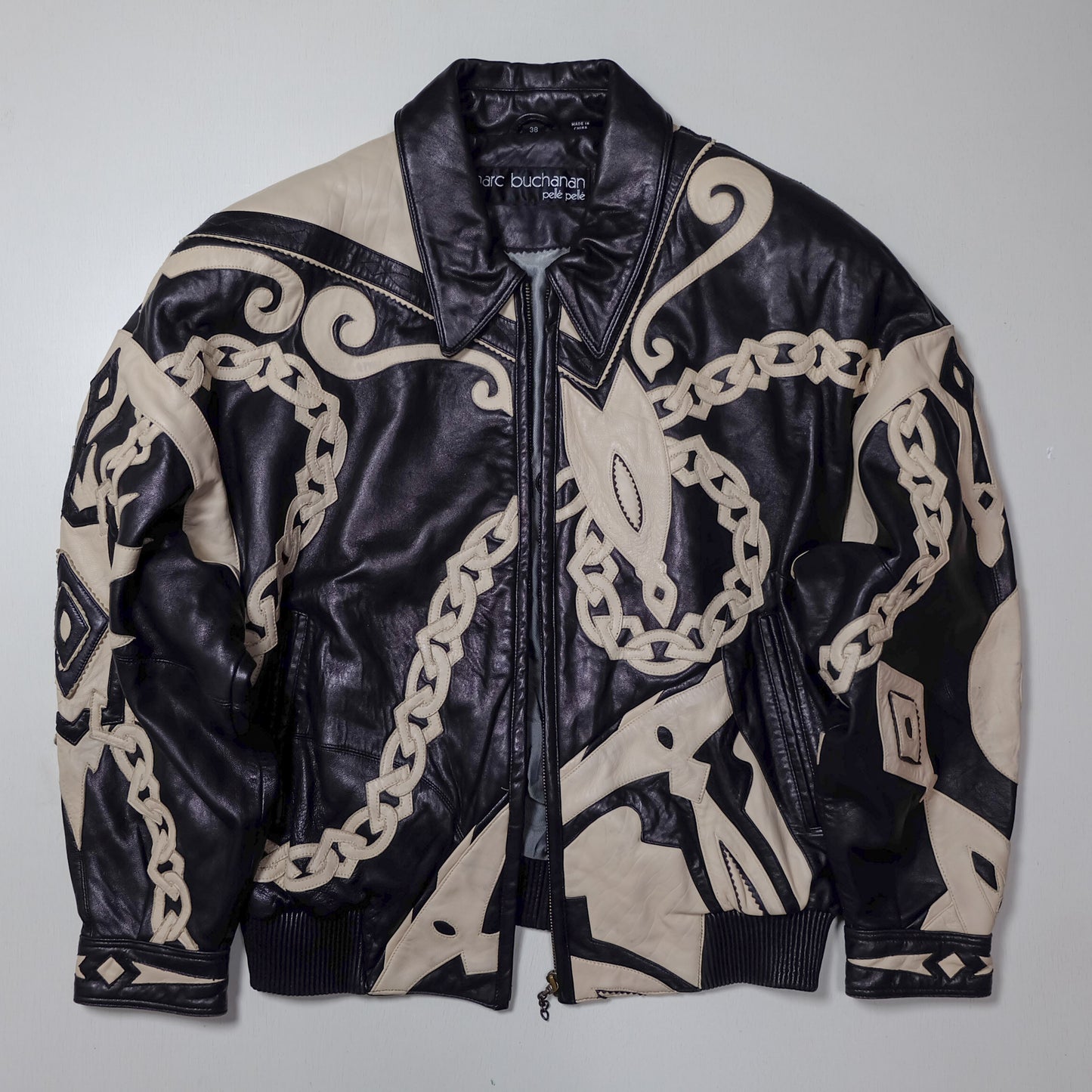 Vintage Marc Buchanan Pelle Pelle Leather Jacket Size 38 Black Cream Chain Sword Hip Hop Bomber 90s Oversized Blouson