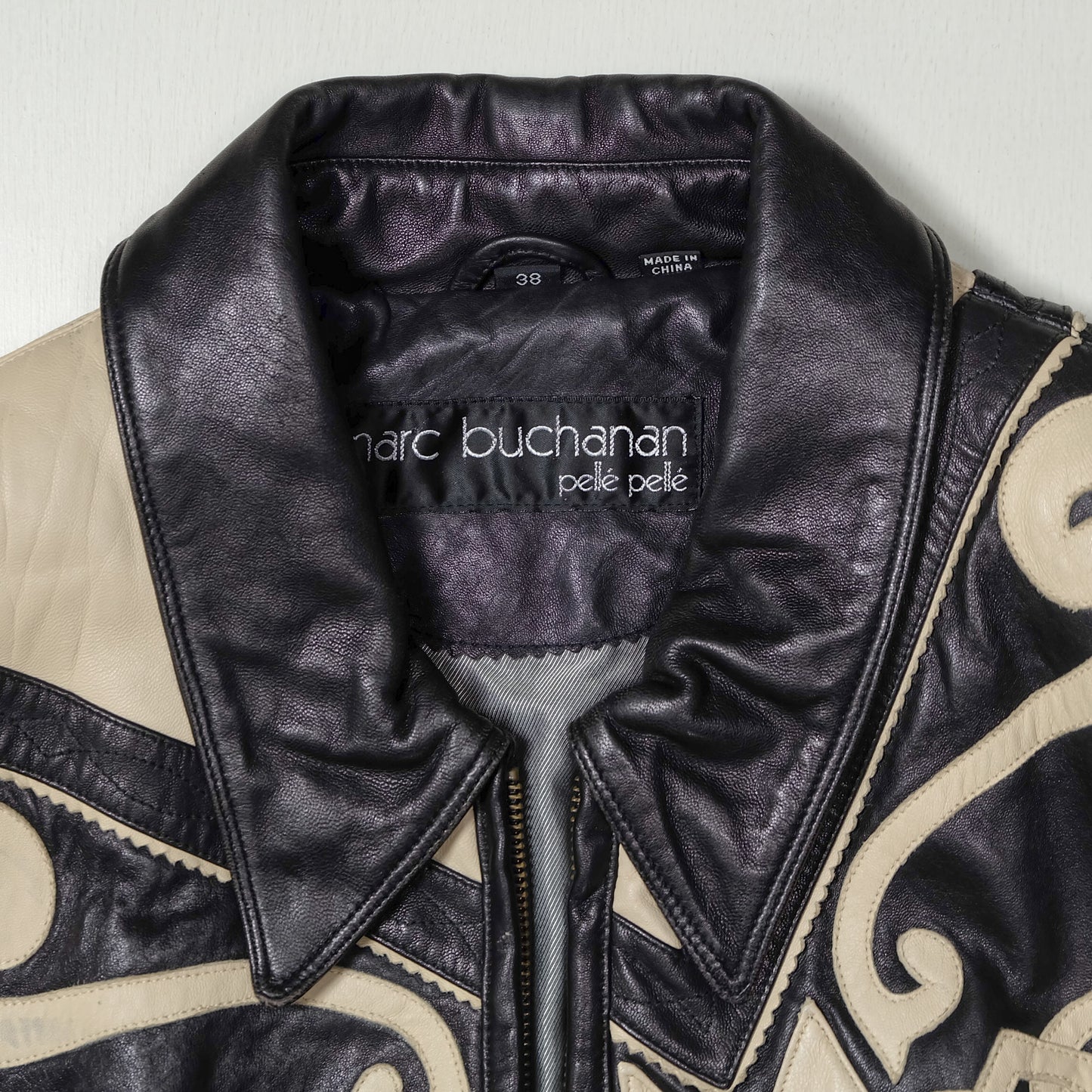 Vintage Marc Buchanan Pelle Pelle Leather Jacket Size 38 Black Cream Chain Sword Hip Hop Bomber 90s Oversized Blouson
