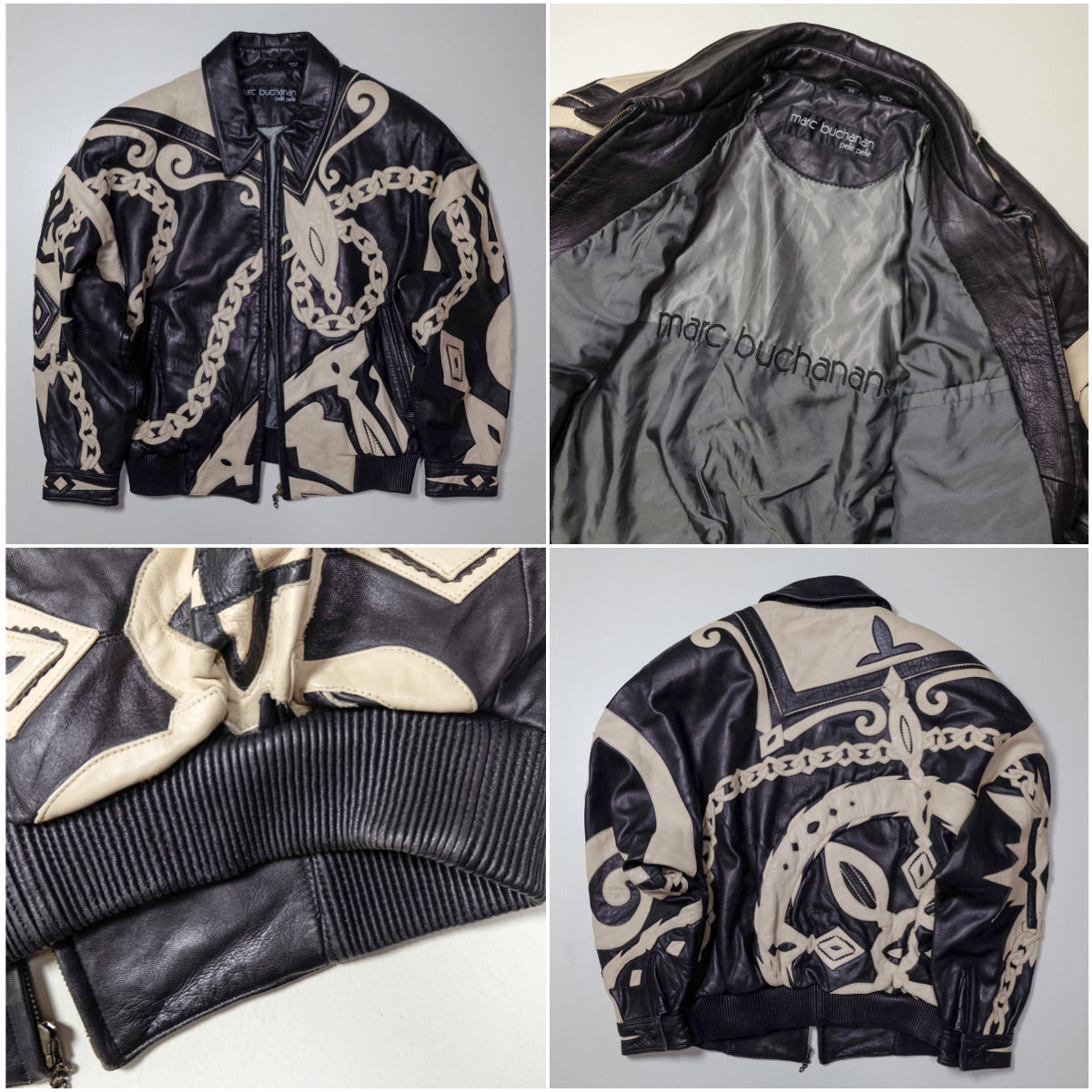 Vintage Marc Buchanan Pelle Pelle Leather Jacket Size 38 Black Cream Chain Sword Hip Hop Bomber 90s Oversized Blouson