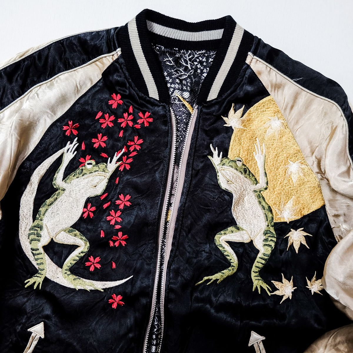 Rare San Maruichi Frog Sukajan Jacket L-XL Reversible Kaeru Moon Sakura Momiji Japanese Embroidered Souvenir Bomber