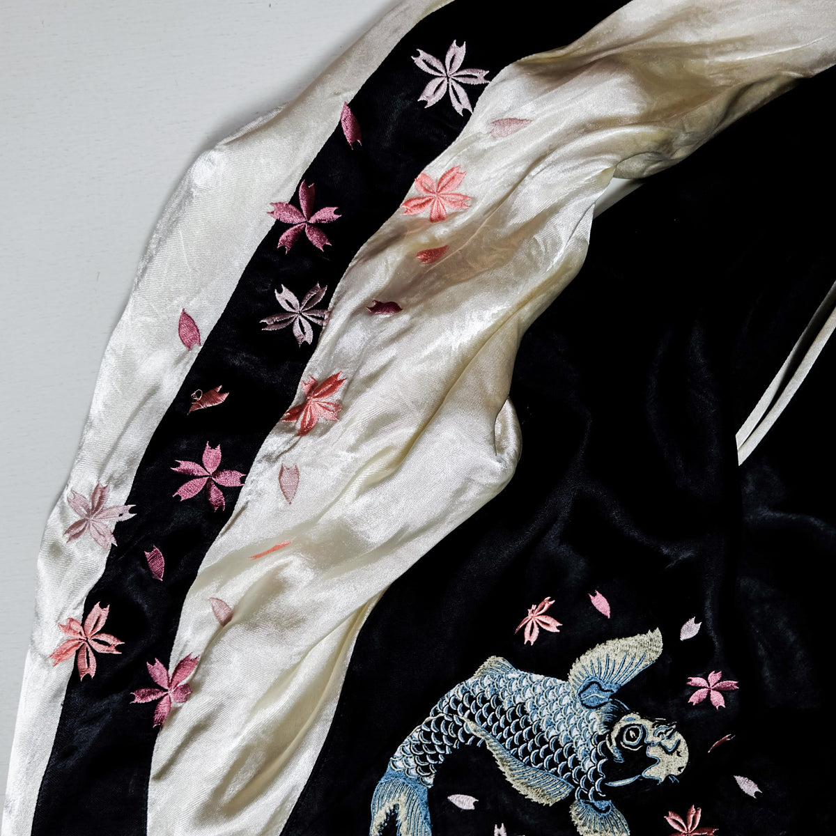 Vintage Japanese Sukajan Jacket | Black & White Reversible Souvenir Bomber | Blue Koi Fish + Sakura Embroidery | Yokosuka Style