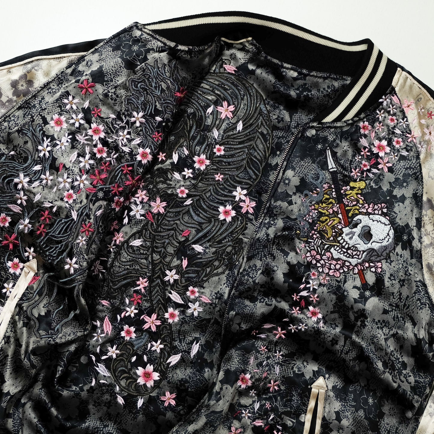 DOPE MAXIMALIST Miyabi Musubi Sukajan Jacket Zenbu Samurai Musha Warrior & Sakura Cherry Blossoms Tattoo Embroidery | Souvenir Jacket Japan