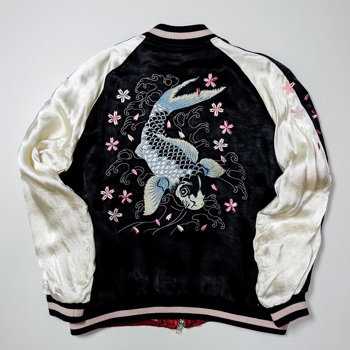 Vintage Japanese Sukajan Jacket | Black & White Reversible Souvenir Bomber | Blue Koi Fish + Sakura Embroidery | Yokosuka Style