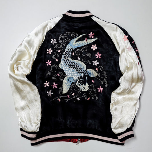 Vintage Japanese Sukajan Jacket | Black & White Reversible Souvenir Bomber | Blue Koi Fish + Sakura Embroidery | Yokosuka Style