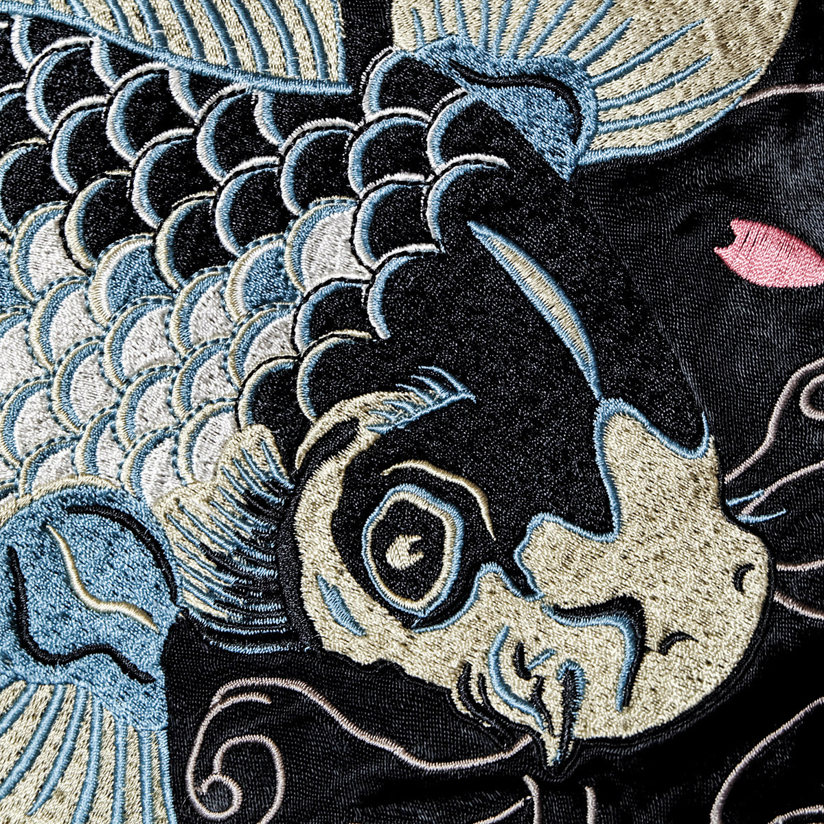 Vintage Japanese Sukajan Jacket | Black & White Reversible Souvenir Bomber | Blue Koi Fish + Sakura Embroidery | Yokosuka Style