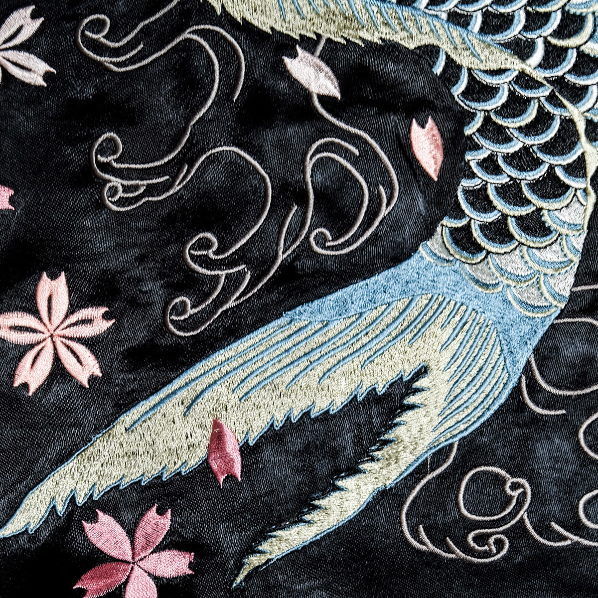 Vintage Japanese Sukajan Jacket | Black & White Reversible Souvenir Bomber | Blue Koi Fish + Sakura Embroidery | Yokosuka Style