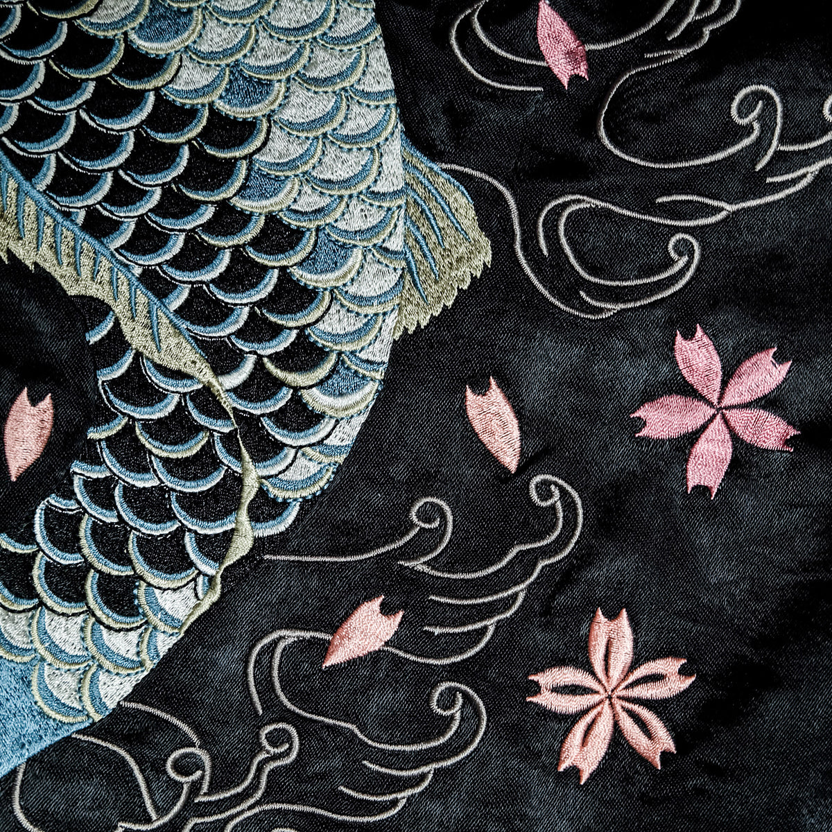 Vintage Japanese Sukajan Jacket | Black & White Reversible Souvenir Bomber | Blue Koi Fish + Sakura Embroidery | Yokosuka Style