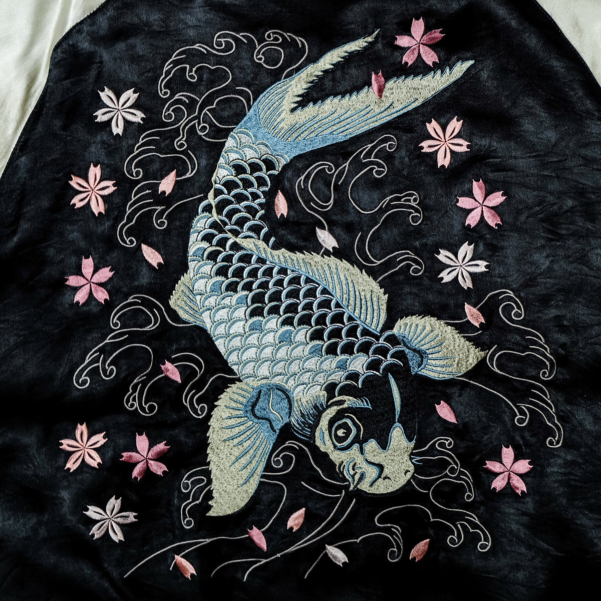 Vintage Japanese Sukajan Jacket | Black & White Reversible Souvenir Bomber | Blue Koi Fish + Sakura Embroidery | Yokosuka Style