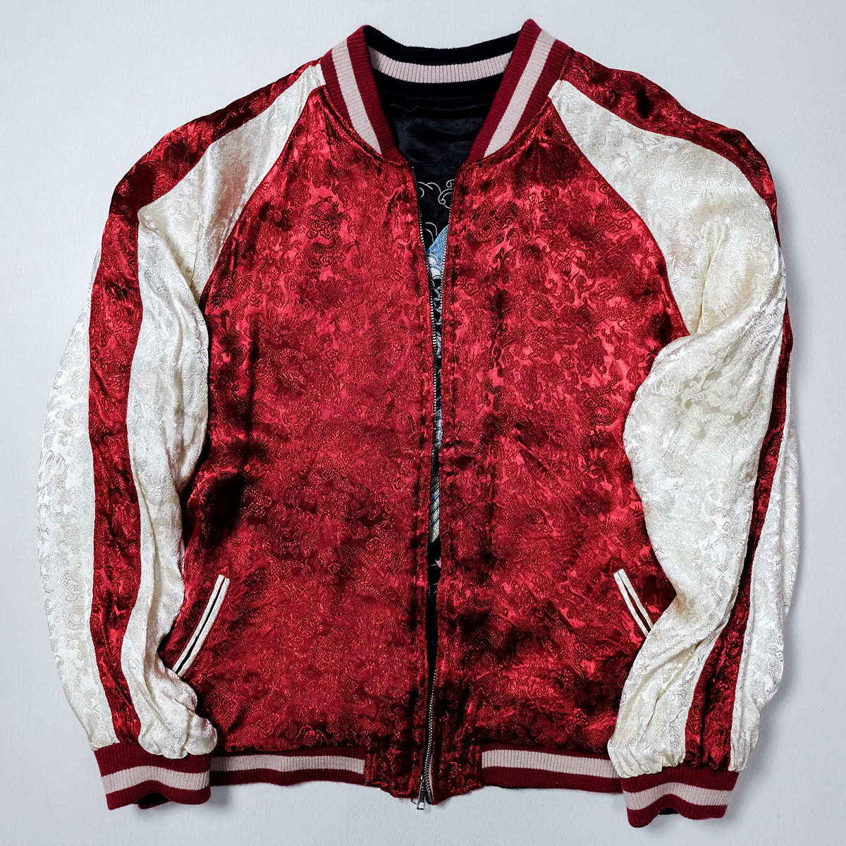 Vintage Japanese Sukajan Jacket | Black & White Reversible Souvenir Bomber | Blue Koi Fish + Sakura Embroidery | Yokosuka Style
