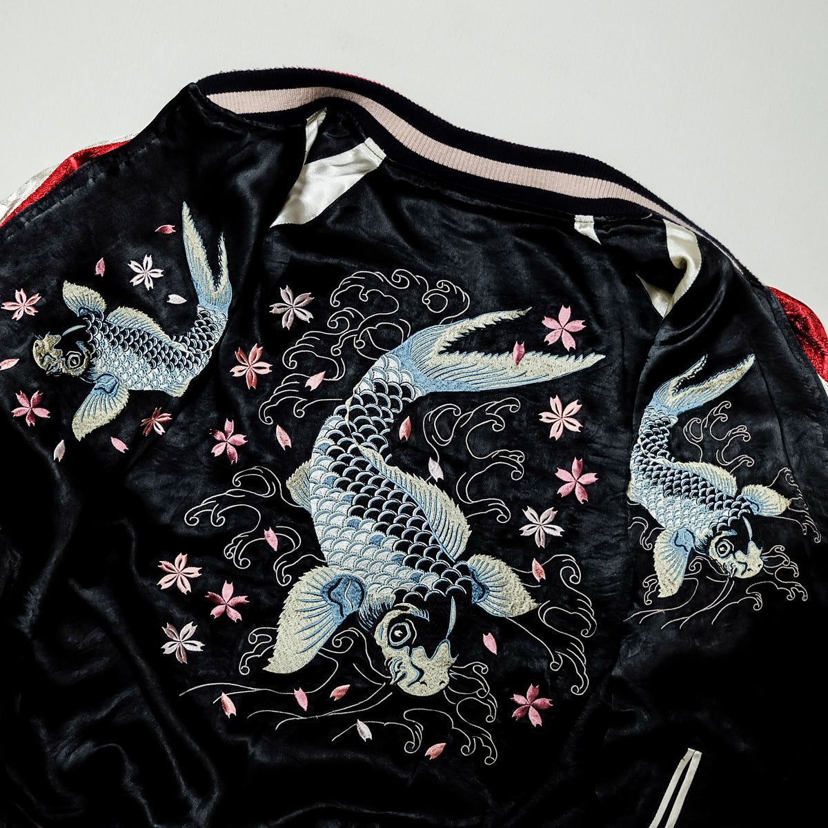Vintage Japanese Sukajan Jacket | Black & White Reversible Souvenir Bomber | Blue Koi Fish + Sakura Embroidery | Yokosuka Style
