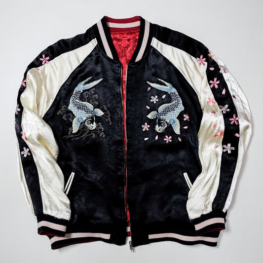 Vintage Japanese Sukajan Jacket | Black & White Reversible Souvenir Bomber | Blue Koi Fish + Sakura Embroidery | Yokosuka Style