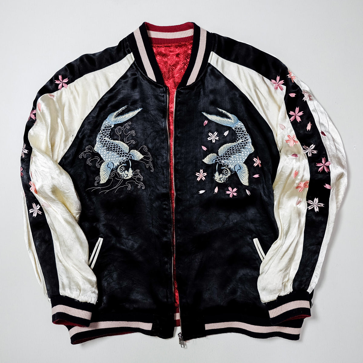 Vintage Japanese Sukajan Jacket | Black & White Reversible Souvenir Bomber | Blue Koi Fish + Sakura Embroidery | Yokosuka Style
