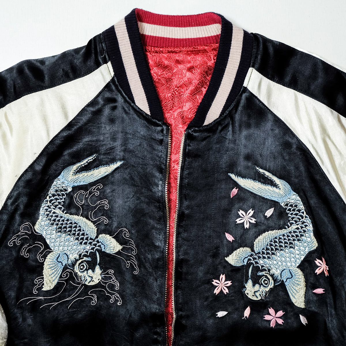 Vintage Japanese Sukajan Jacket | Black & White Reversible Souvenir Bomber | Blue Koi Fish + Sakura Embroidery | Yokosuka Style