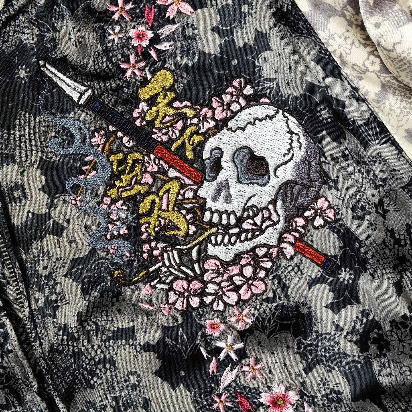 DOPE MAXIMALIST Miyabi Musubi Sukajan Jacket Zenbu Samurai Musha Warrior & Sakura Cherry Blossoms Tattoo Embroidery | Souvenir Jacket Japan