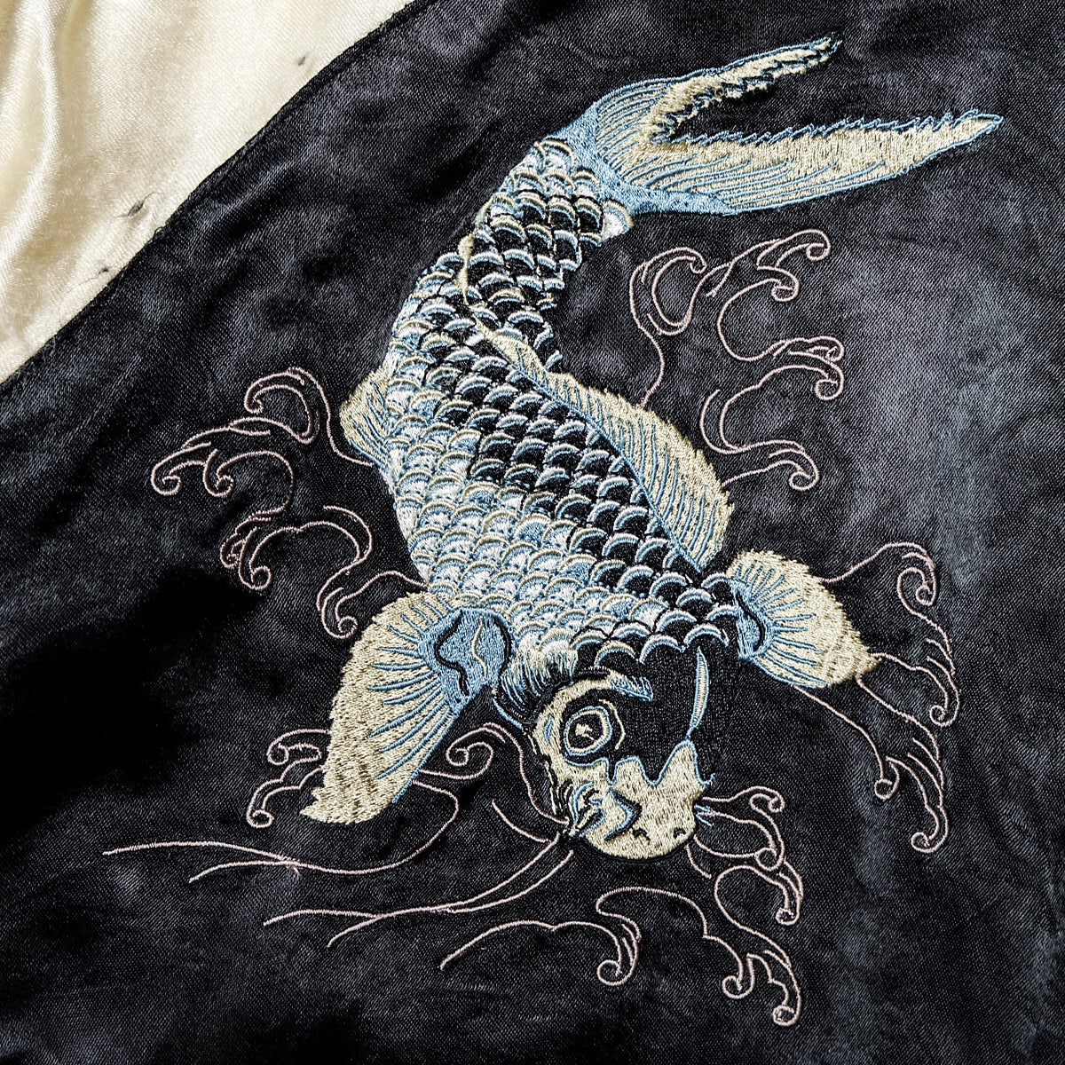 Vintage Japanese Sukajan Jacket | Black & White Reversible Souvenir Bomber | Blue Koi Fish + Sakura Embroidery | Yokosuka Style