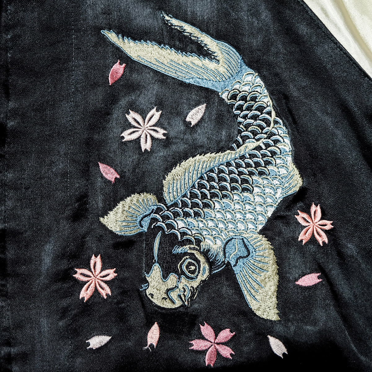 Vintage Japanese Sukajan Jacket | Black & White Reversible Souvenir Bomber | Blue Koi Fish + Sakura Embroidery | Yokosuka Style